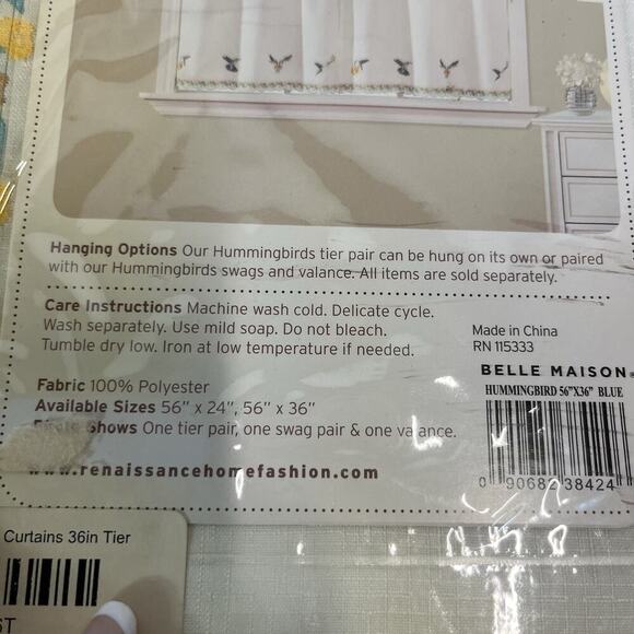 Set of 2 Renaissance Home Fashion Hummingbirds Embroidered Tiered Pair Curtains - Picture 6 of 9